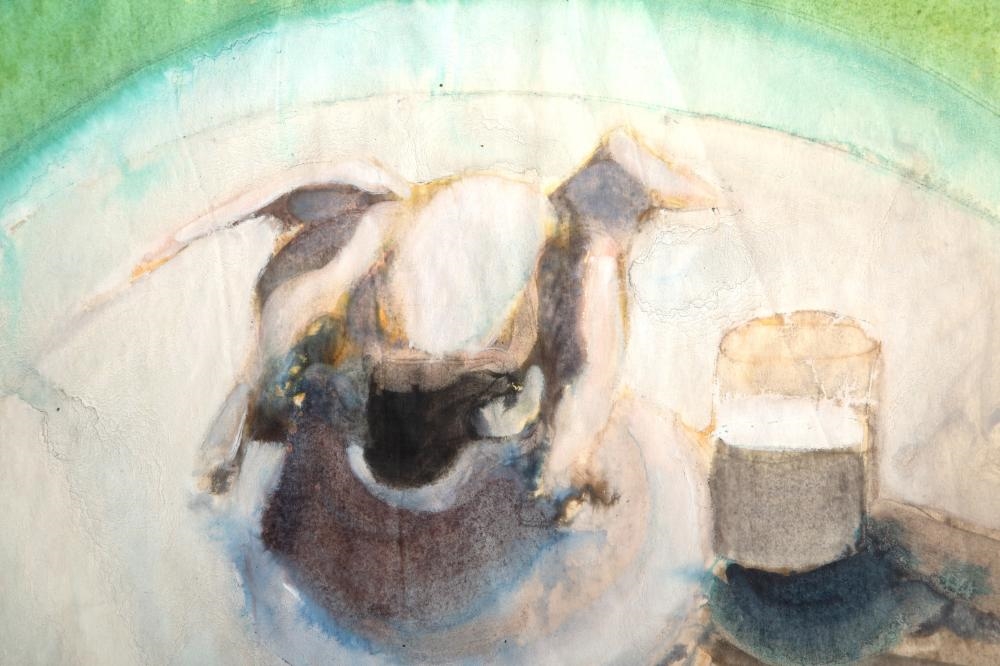 A watercolor still life of a dog resting on a plate beside a glass.