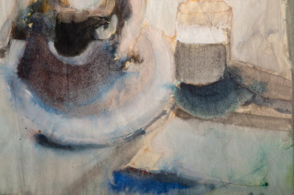 A watercolor still life of a dog resting on a plate beside a glass.