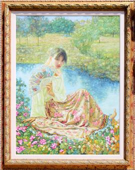 A woman in a floral dress sits by a stream holding a fan, framed in ornate gold.