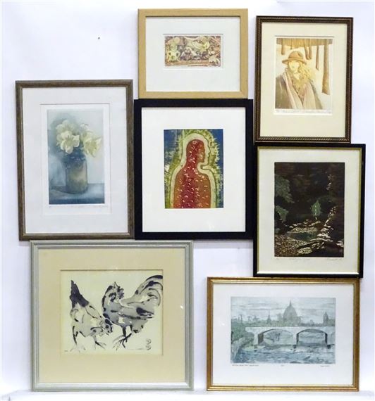 A quantity of assorted prints to include Kilpeck Church after Valerie McLean, Two cockerels in the manner of Chinese watercolours by Lilian Watteau, an Artist's Proof titled Wild Roses by Annette Johnson, a limited edition etching and aquatint after Jeannine Baurret titled Marie Soleil no. 3 / 3, a limited edition print depicting Windjana Gorge Australia by I. A. Swainston, Waterloo Bridge from Charing Cross by Simon Winch, and a study of an abstract figure - Annette Johnson