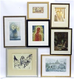A collection of eight framed artworks featuring diverse subjects from still life to landscapes.