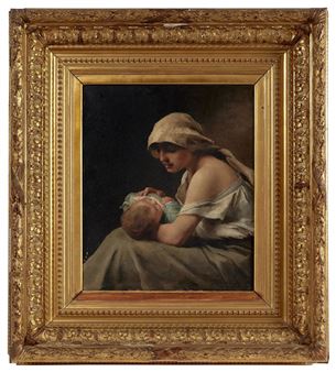 A classical oil painting of a seated figure tenderly holding an infant against a dark background.