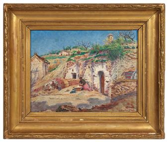 A rustic landscape painting depicting a hillside village with figures in the foreground.