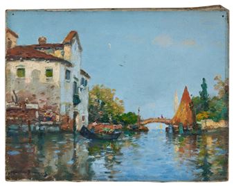 A watercolor landscape of a canal scene with buildings, boats, and a bridge under a blue sky.
