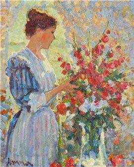 A figure in a blue dress holds a vibrant bouquet of red and white flowers against a dappled, impressionistic background.