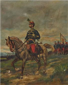 A painted scene of a mounted officer leading troops across a hazy landscape.