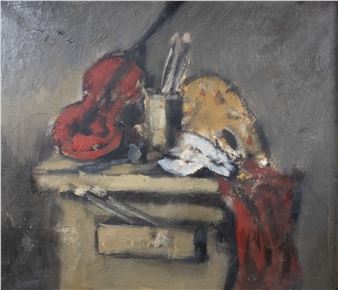 A painterly still life of an artist's desk with a red cloth, palette, and brushes.