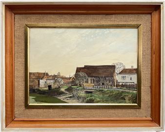 A framed oil painting of a quiet village scene with a church and thatched-roof buildings under a pale sky.