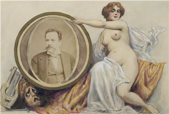 A nude figure holds a framed portrait of a man, with a lyre and mask nearby.