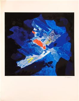 An abstract composition of layered blue shapes against a black background with hints of red and yellow.