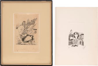 A framed etching and a loose print featuring a woman with long hair seated at a table.