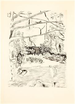 A sketchy black-and-white drawing of a park scene with figures and trees.