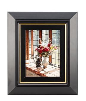A still life painting of flowers in a vase on a wooden sill by a window.