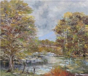 A serene autumn landscape featuring a river winding through trees with vibrant fall foliage.