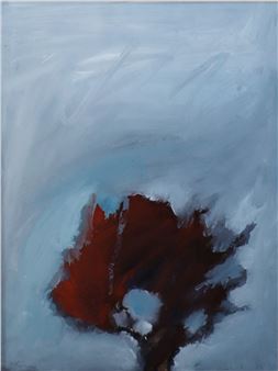 A solitary red tree stands starkly against a swirling, pale blue background.