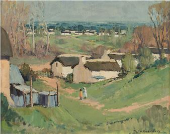 A pastoral landscape painting featuring thatched-roof cottages, rolling green hills, and two small figures walking along a path.