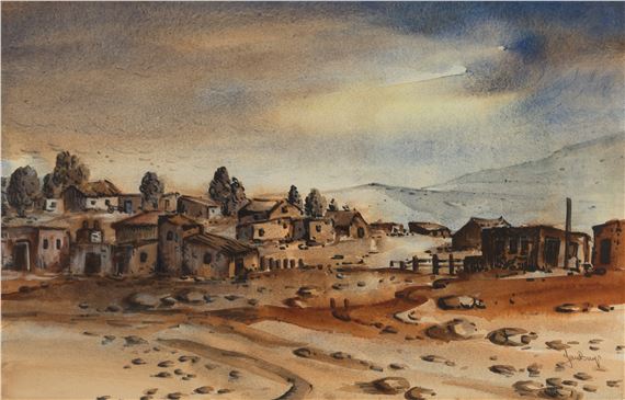 A watercolor landscape of a rustic village nestled in a dry, rocky valley under a dramatic sky.