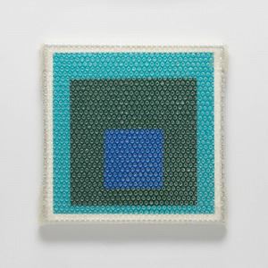 A geometric abstract artwork featuring concentric squares in varying shades of blue and green.