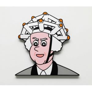 A cartoon-style portrait of a figure with an elaborate, geometric crown-like headpiece.