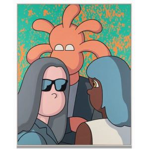 A colorful illustration of three figures sharing a moment, featuring an orange octopus-like head and two human figures in conversation.