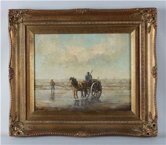 A seascape painting in a gilded frame featuring a horse-drawn cart on the beach.