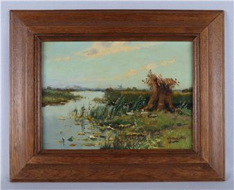 A small oil painting of a tranquil riverbank scene with a weathered tree stump and distant windmill.
