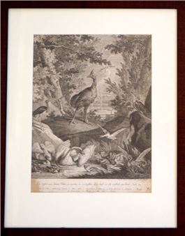 A monochromatic woodcut print depicting a forest scene with various birds and animals.