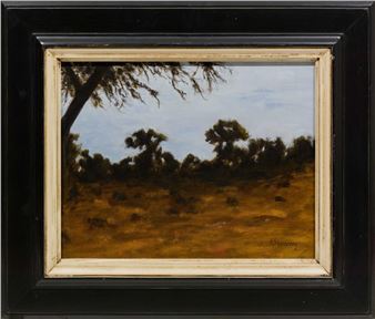 A small oil painting of a dry, tree-dotted landscape under a pale sky.