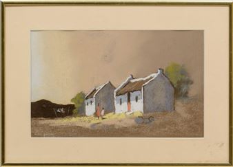 "A muted landscape painting of two white cottages under a hazy sky."