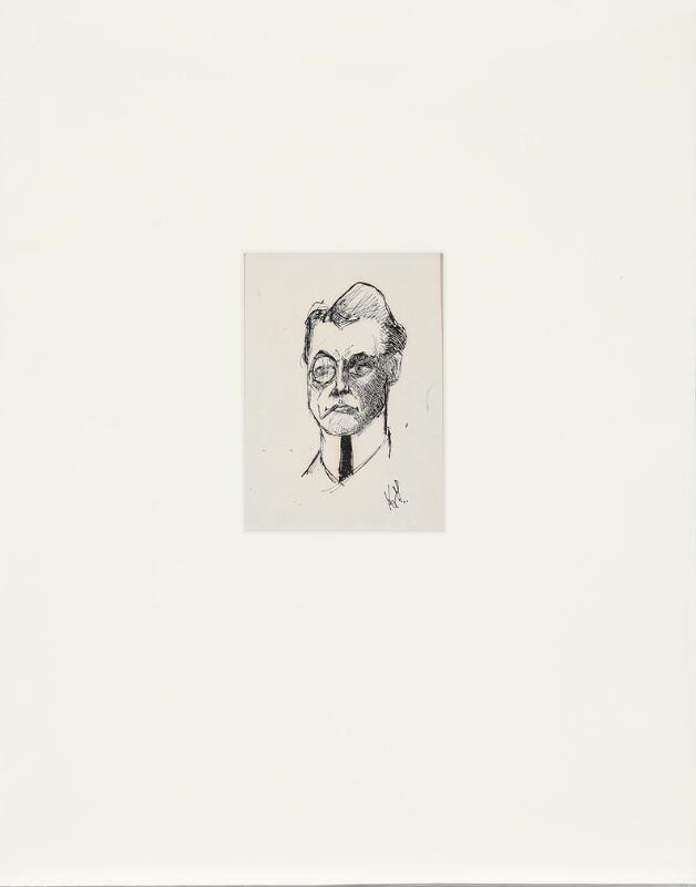 A sketchy portrait of a man with glasses and a tie, rendered in bold black lines.