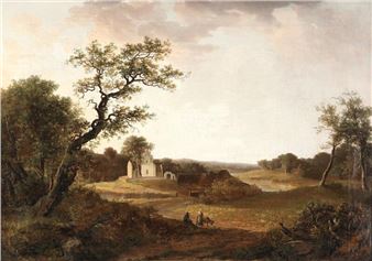 A pastoral landscape featuring a ruined stone structure, winding paths, and figures in the distance.