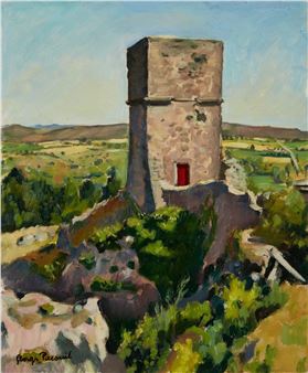 A stone tower stands atop a rocky hill in a sunlit landscape.