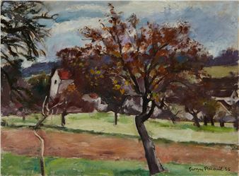 A landscape painting featuring a prominent tree with autumnal foliage against a rural backdrop.