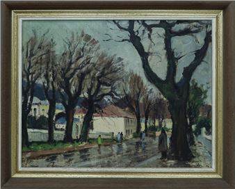 A moody street scene with bare trees and a wet road reflecting the overcast sky.