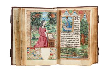 An open illuminated manuscript page featuring a woman in red reading and a religious scene with text.