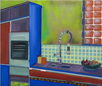 A colorful, stylized interior scene depicting a kitchen corner with bold geometric shapes and vibrant hues.