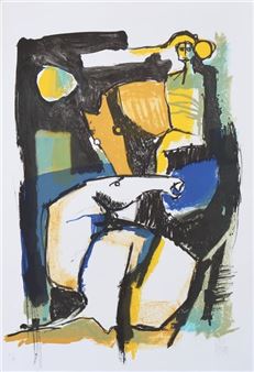 A bold, abstract portrait of a seated figure rendered in expressive brushstrokes and vibrant colors.