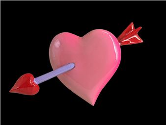 A glossy pink heart pierced by a red and purple arrow against a black background.