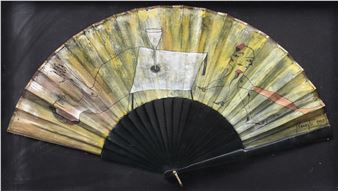 A hand-painted folding fan featuring a surreal scene of a figure at a table with a glass, set against a yellow background.