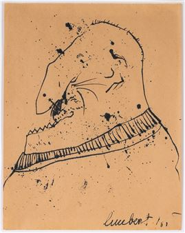 A sketchy profile portrait with a textured, abstracted face and bold ink splatters.