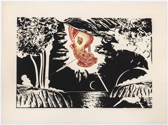 A surreal woodcut-style print depicting a floating, glowing face suspended above a dark, textured landscape.