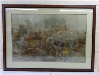 A framed abstract landscape painting featuring a muted, textured cityscape.