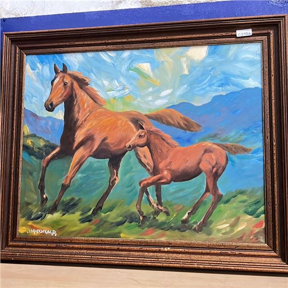 Modern oil on canvas—two horses in motion against a mountainous landscape - James McDonald