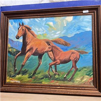 A vibrant oil painting of two horses galloping across a colorful landscape.