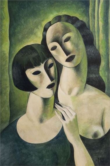 A surreal portrait of two stylized figures with mask-like faces against a green background.