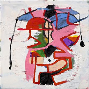 A vibrant abstract painting of a figure holding an umbrella, rendered in bold colors and expressive brushstrokes.
