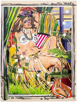 A vibrant, stylized portrait of a seated figure in a tropical setting.
