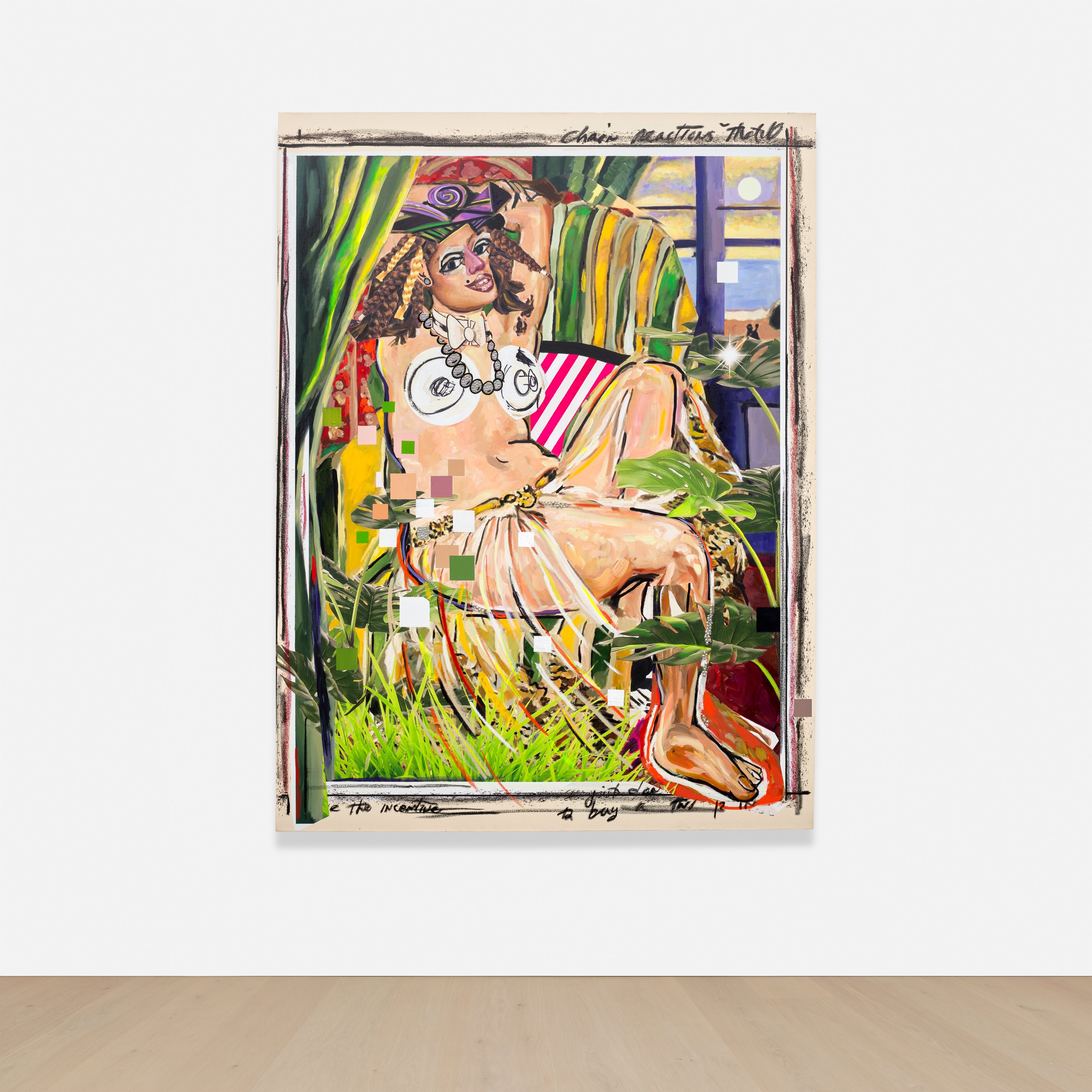 A vibrant, stylized portrait of a seated figure in a tropical setting.