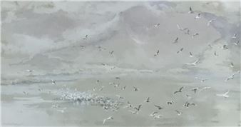 A monochromatic watercolor scene of a flock of birds taking flight over a misty landscape.