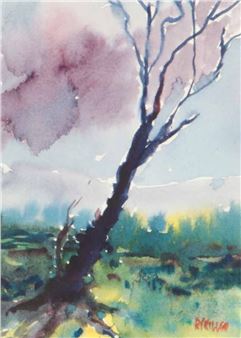 A watercolor painting of a dark, leaning tree against a soft, colorful sky.